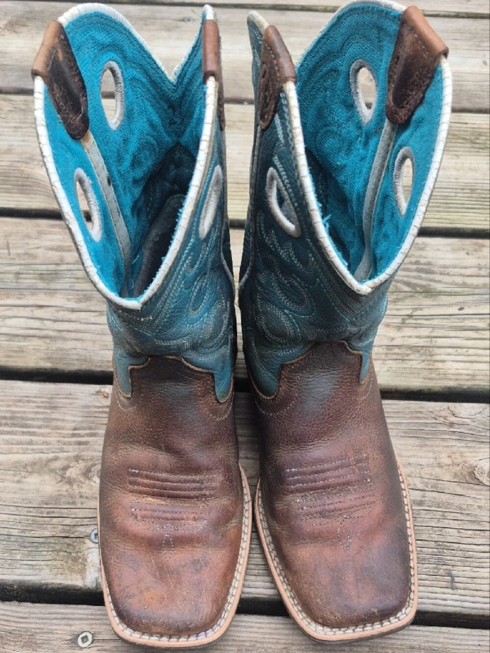 Ariat Teal and Brown Kids Pull-On Western Boots